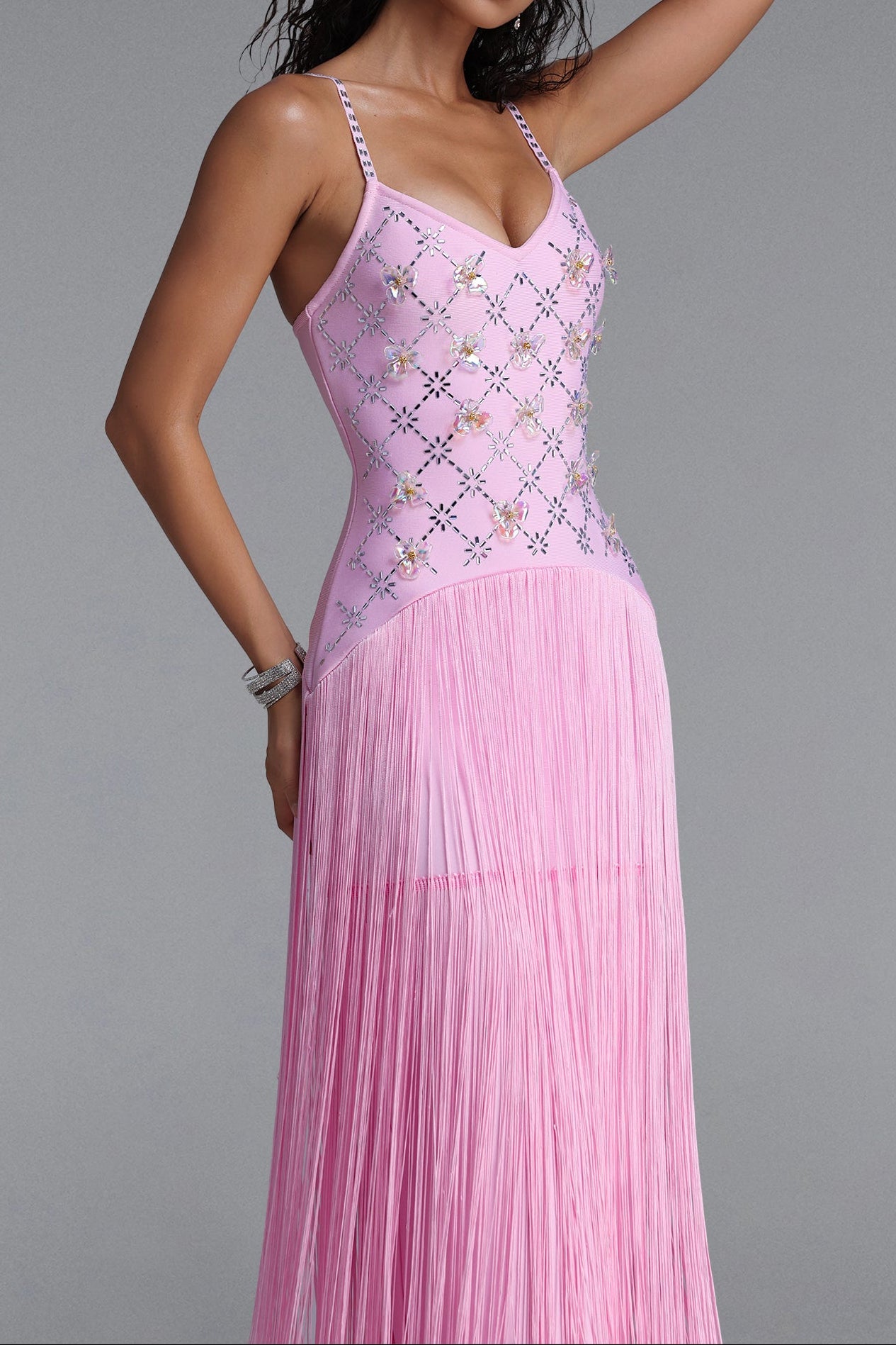 Flowering Girl Women Rhinestone Floral Fringe Spaghetti Strap Maxi Dress