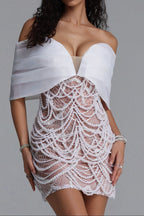 Flowering Girl Women Off Shoulder Organza Pearl Beaded Mini Bodycon Dress