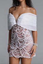 Flowering Girl Women Off Shoulder Organza Pearl Beaded Mini Bodycon Dress