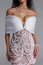 Flowering Girl Women Off Shoulder Organza Pearl Beaded Mini Bodycon Dress