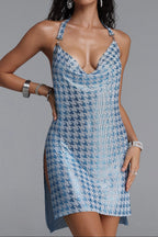 Flowering Girl Women Halter Cowl Neck Houndstooth Glitter Slit Mini Dress