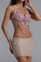 Flowering Girl Women Lavender Crystal Shell Pearl Halter Body Chain Top