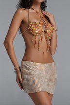 Flowering Girl Women Amber Agate Mixed Stone Halter Tassel Body Chain Top