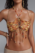 Flowering Girl Women Amber Agate Mixed Stone Halter Tassel Body Chain Top