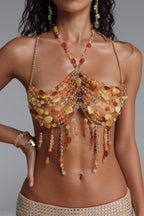 Flowering Girl Women Amber Agate Mixed Stone Halter Tassel Body Chain Top