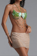 Flowering Girl Women Gradient Green Bead Halter Multi-Layer Body Chain Top