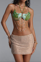 Flowering Girl Women Gradient Green Bead Halter Multi-Layer Body Chain Top