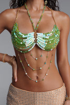 Flowering Girl Women Gradient Green Bead Halter Multi-Layer Body Chain Top