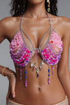 Flowering Girl Women Colorful Bead Crystal Chain Halter Crop Top