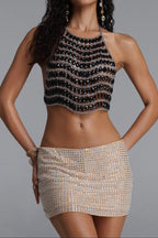 Flowering Girl Women Oval Black Crystal Silver Chain Halter Crop Top