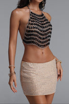 Flowering Girl Women Oval Black Crystal Silver Chain Halter Crop Top