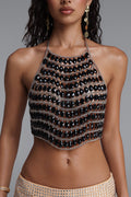 Flowering Girl Women Oval Black Crystal Silver Chain Halter Crop Top