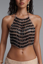 Flowering Girl Women Oval Black Crystal Silver Chain Halter Crop Top