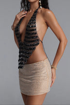 Flowering Girl Women Black Crystal Chain Halter Deep V Crop Top