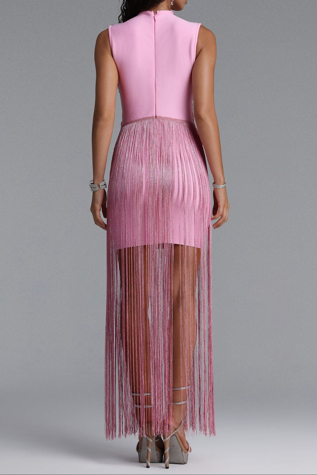 Flowering Girl Women Metallic Twist High Neck Fringe Midi Dress