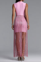 Flowering Girl Women Metallic Twist High Neck Fringe Midi Dress