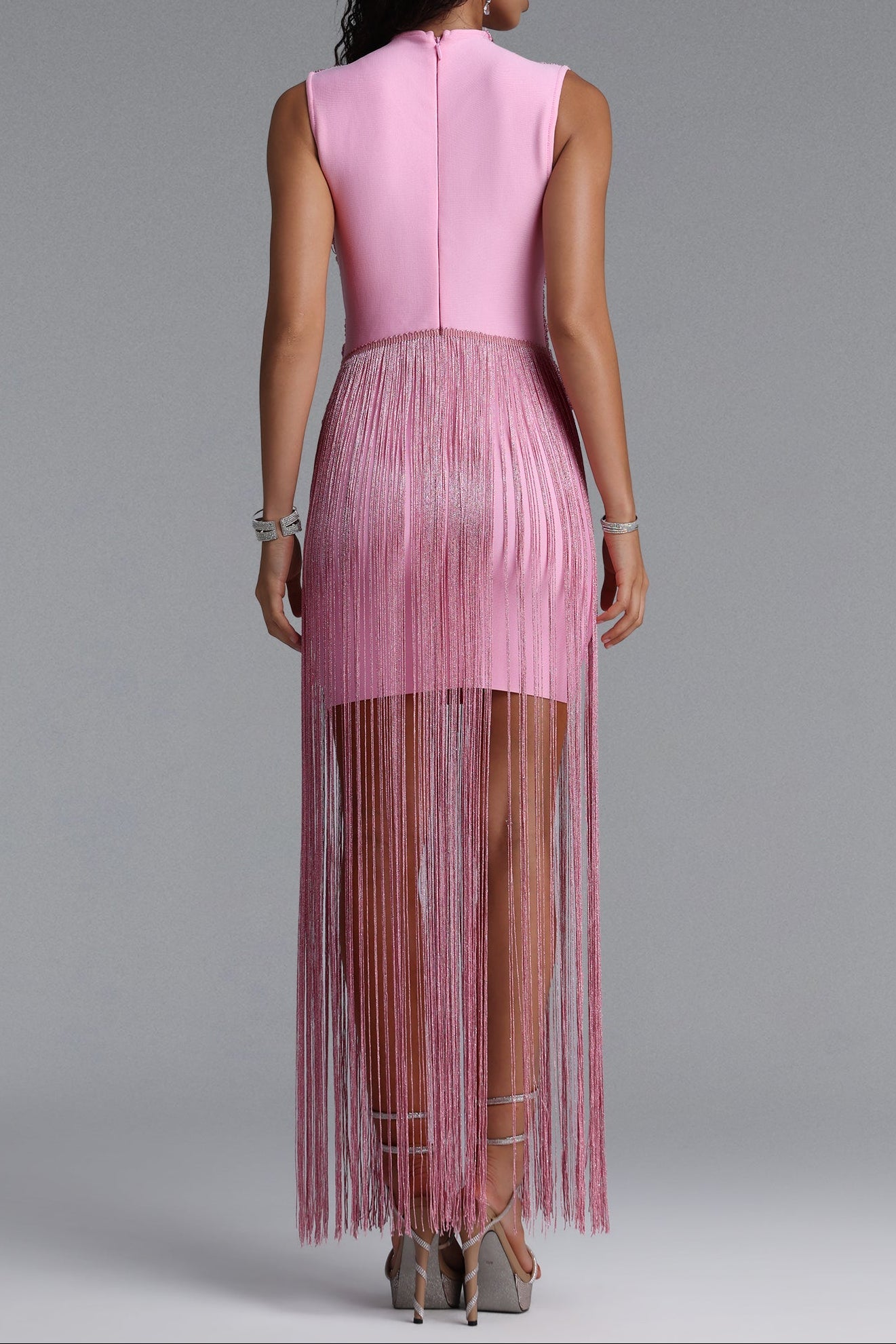 Flowering Girl Women Metallic Twist High Neck Fringe Midi Dress