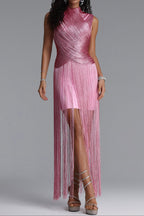 Flowering Girl Women Metallic Twist High Neck Fringe Midi Dress