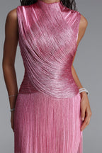 Flowering Girl Women Metallic Twist High Neck Fringe Midi Dress