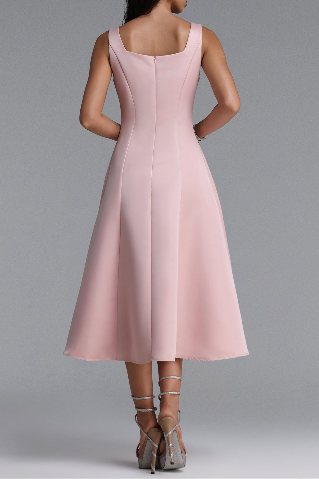 Flowering Girl Women Square Strap Front Bow Satin Midi Swing Dress