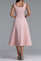 Flowering Girl Women Square Strap Front Bow Satin Midi Swing Dress