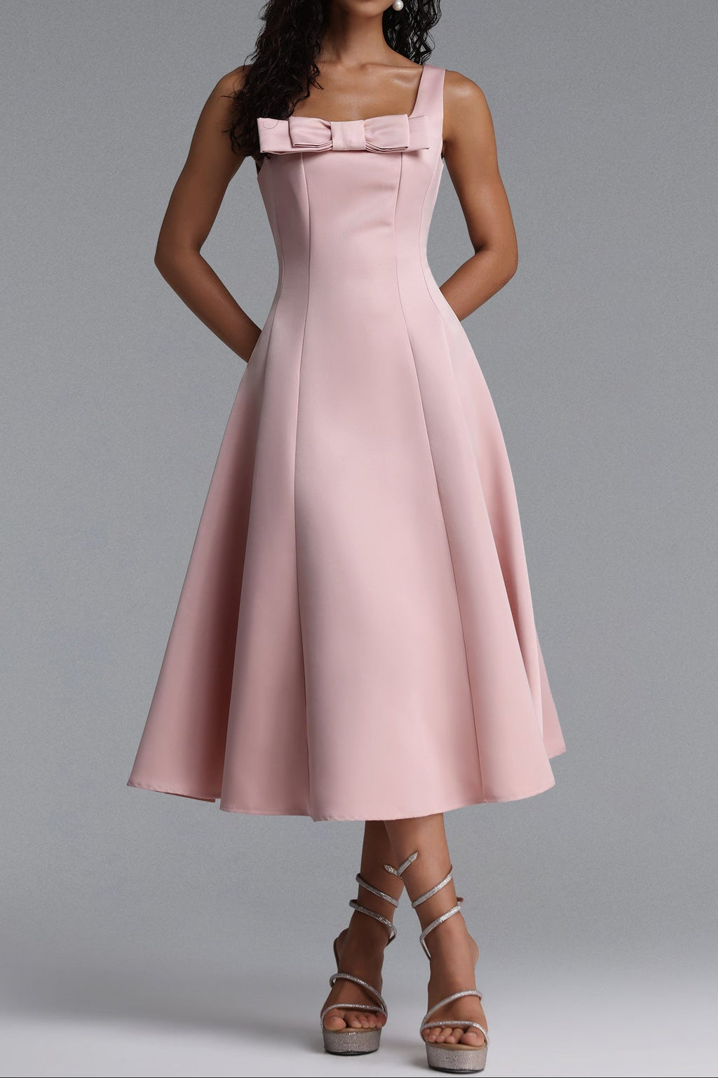 Flowering Girl Women Square Strap Front Bow Satin Midi Swing Dress