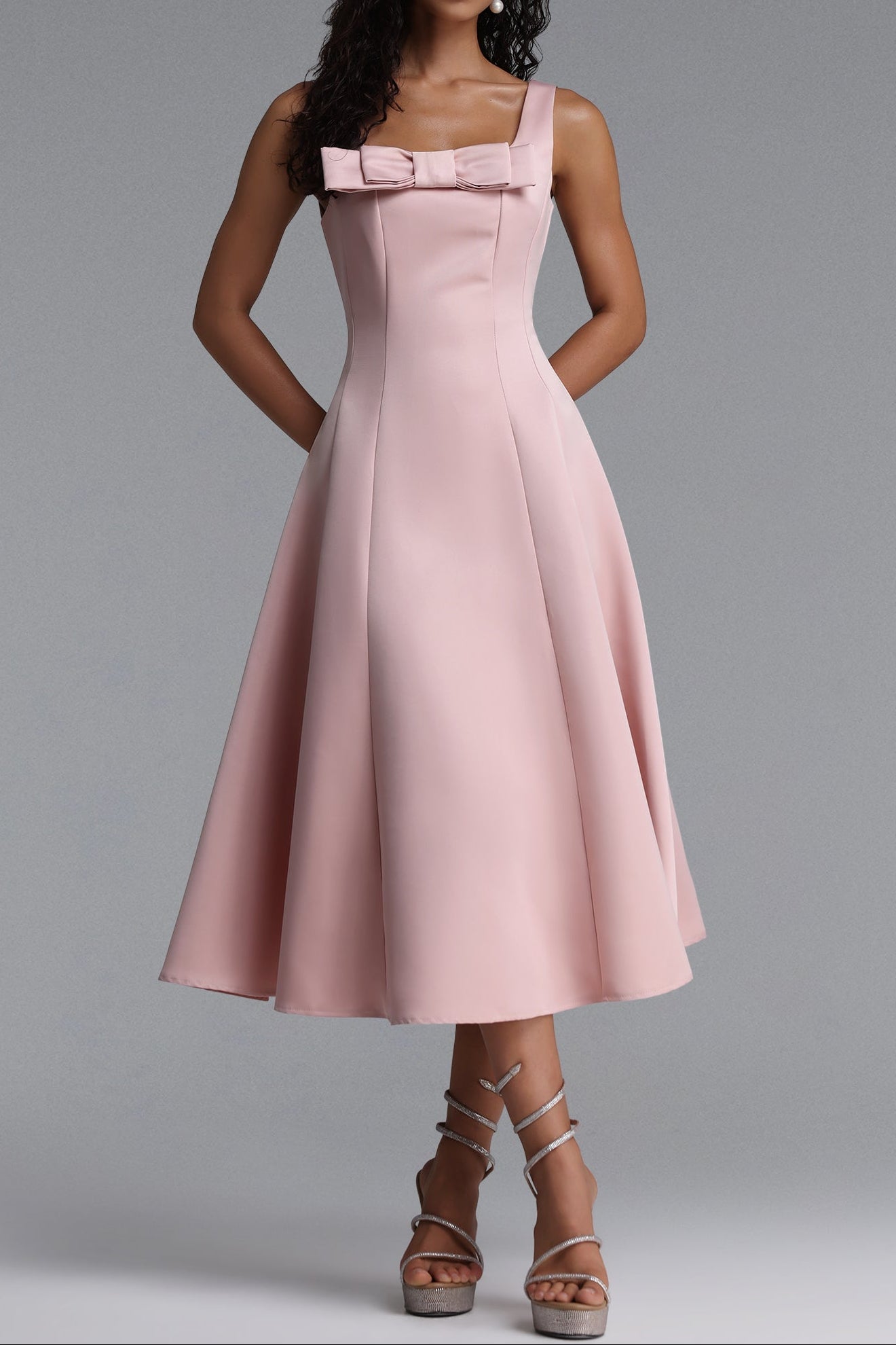 Flowering Girl Women Square Strap Front Bow Satin Midi Swing Dress