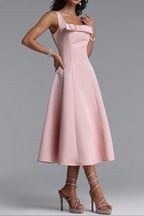Flowering Girl Women Square Strap Front Bow Satin Midi Swing Dress