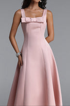 Flowering Girl Women Square Strap Front Bow Satin Midi Swing Dress