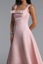 Flowering Girl Women Square Strap Front Bow Satin Midi Swing Dress