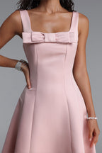 Flowering Girl Women Square Strap Front Bow Satin Midi Swing Dress