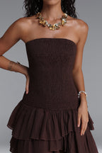 Flowering Girl Women Strapless Smocked Tiered High Low Midi Dress