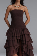 Flowering Girl Women Strapless Smocked Tiered High Low Midi Dress