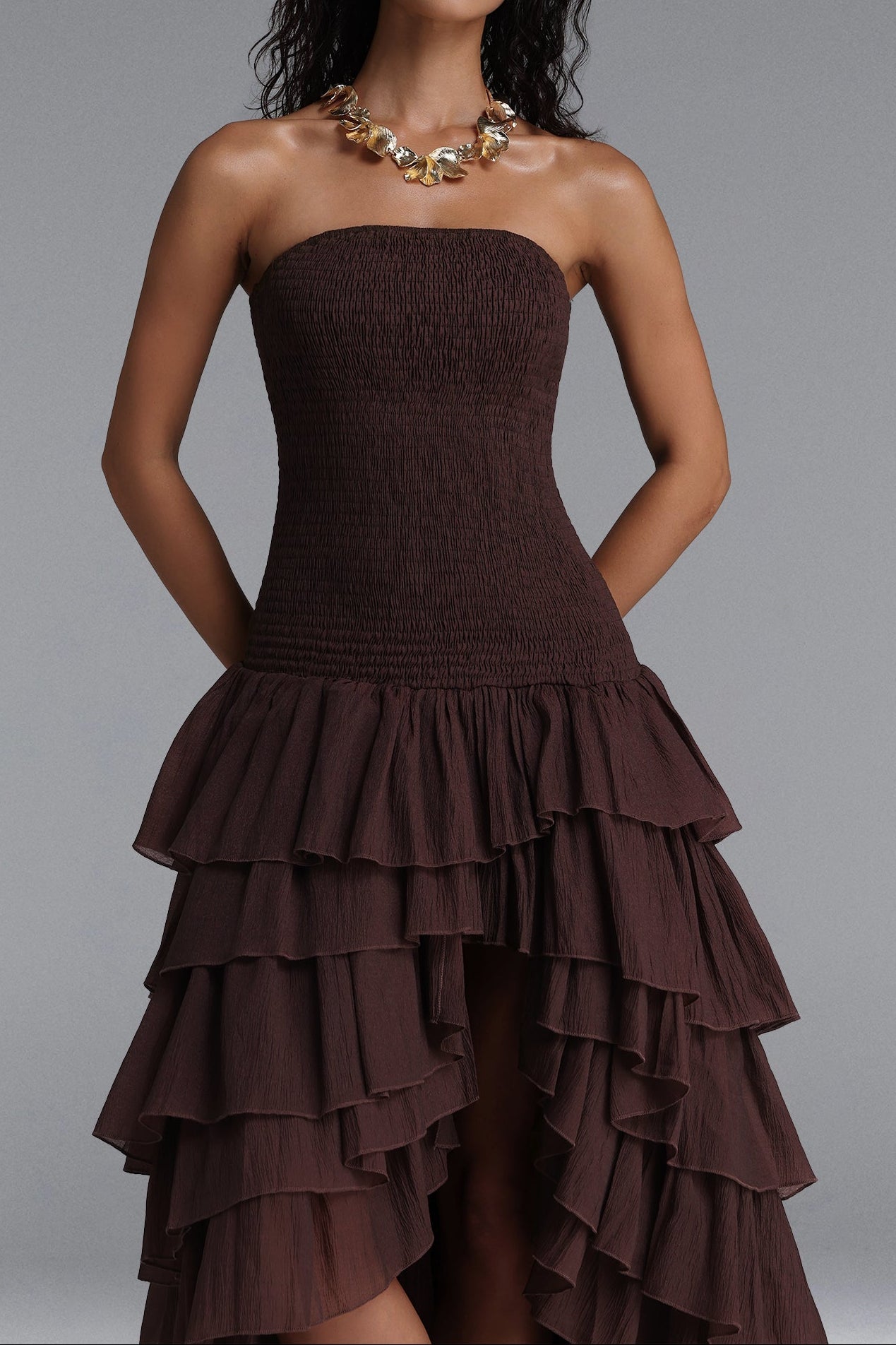 Flowering Girl Women Strapless Smocked Tiered High Low Midi Dress