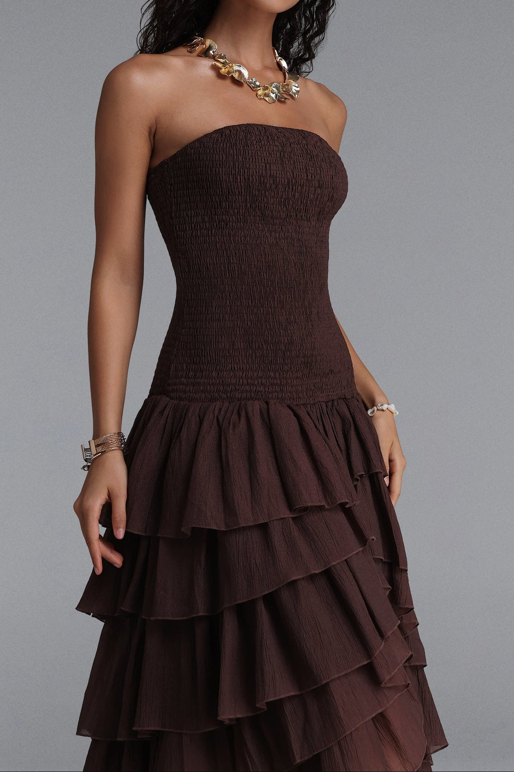 Flowering Girl Women Strapless Smocked Tiered High Low Midi Dress