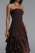 Flowering Girl Women Strapless Smocked Tiered High Low Midi Dress