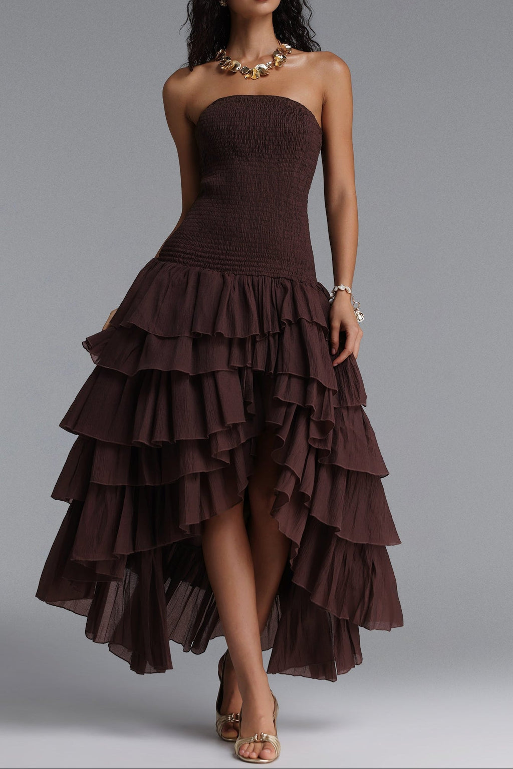 Flowering Girl Women Strapless Smocked Tiered High Low Midi Dress