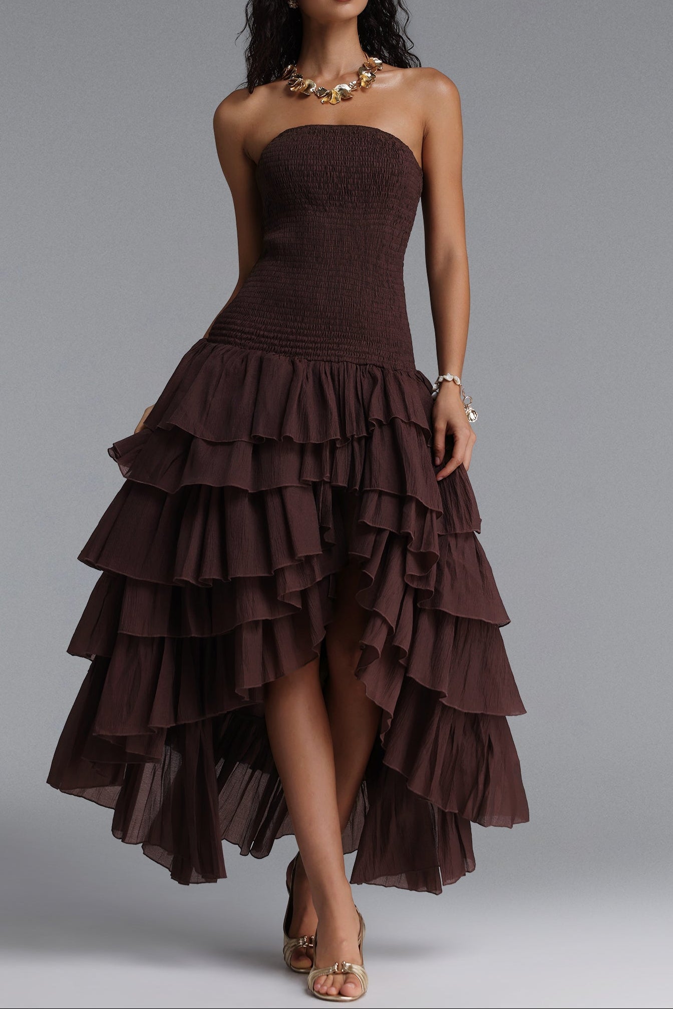 Flowering Girl Women Strapless Smocked Tiered High Low Midi Dress