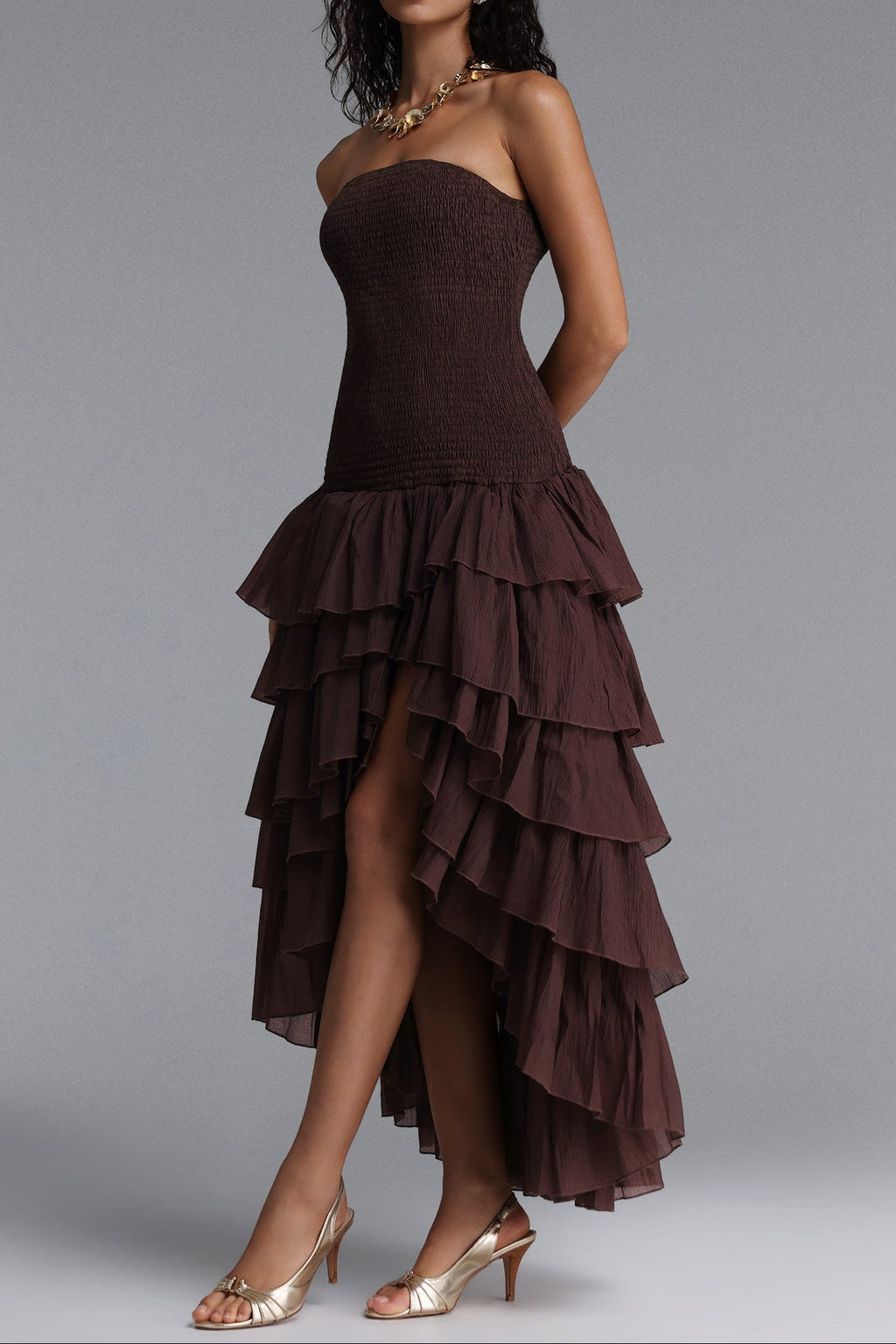 Flowering Girl Women Strapless Smocked Tiered High Low Midi Dress