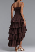 Flowering Girl Women Strapless Smocked Tiered High Low Midi Dress