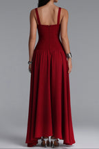 Flowering Girl Women Square Strap Grid Rhinestone Pearl Flowy Maxi Dress