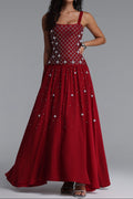 Flowering Girl Women Square Strap Grid Rhinestone Pearl Flowy Maxi Dress