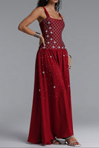 Flowering Girl Women Square Strap Grid Rhinestone Pearl Flowy Maxi Dress