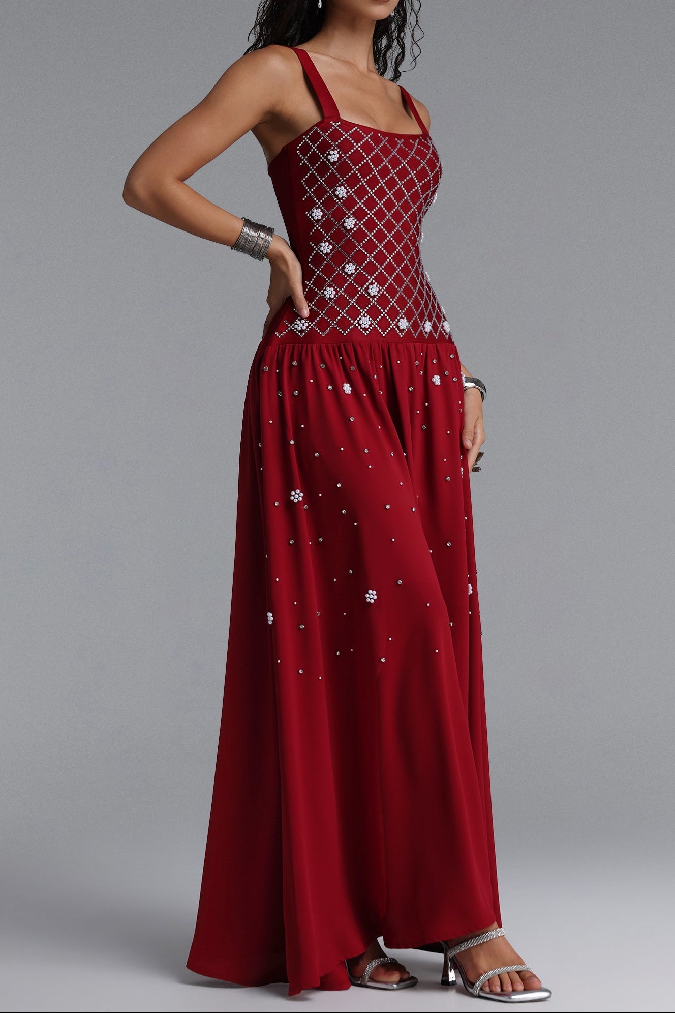 Flowering Girl Women Square Strap Grid Rhinestone Pearl Flowy Maxi Dress