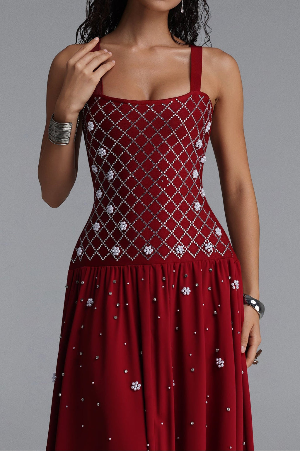 Flowering Girl Women Square Strap Grid Rhinestone Pearl Flowy Maxi Dress