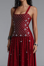 Flowering Girl Women Square Strap Grid Rhinestone Pearl Flowy Maxi Dress