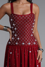 Flowering Girl Women Square Strap Grid Rhinestone Pearl Flowy Maxi Dress