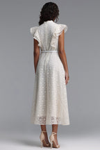 Flowering Girl Women Mandarin Collar Ruffle Sleeve Floral Lace Midi Dress With Belt