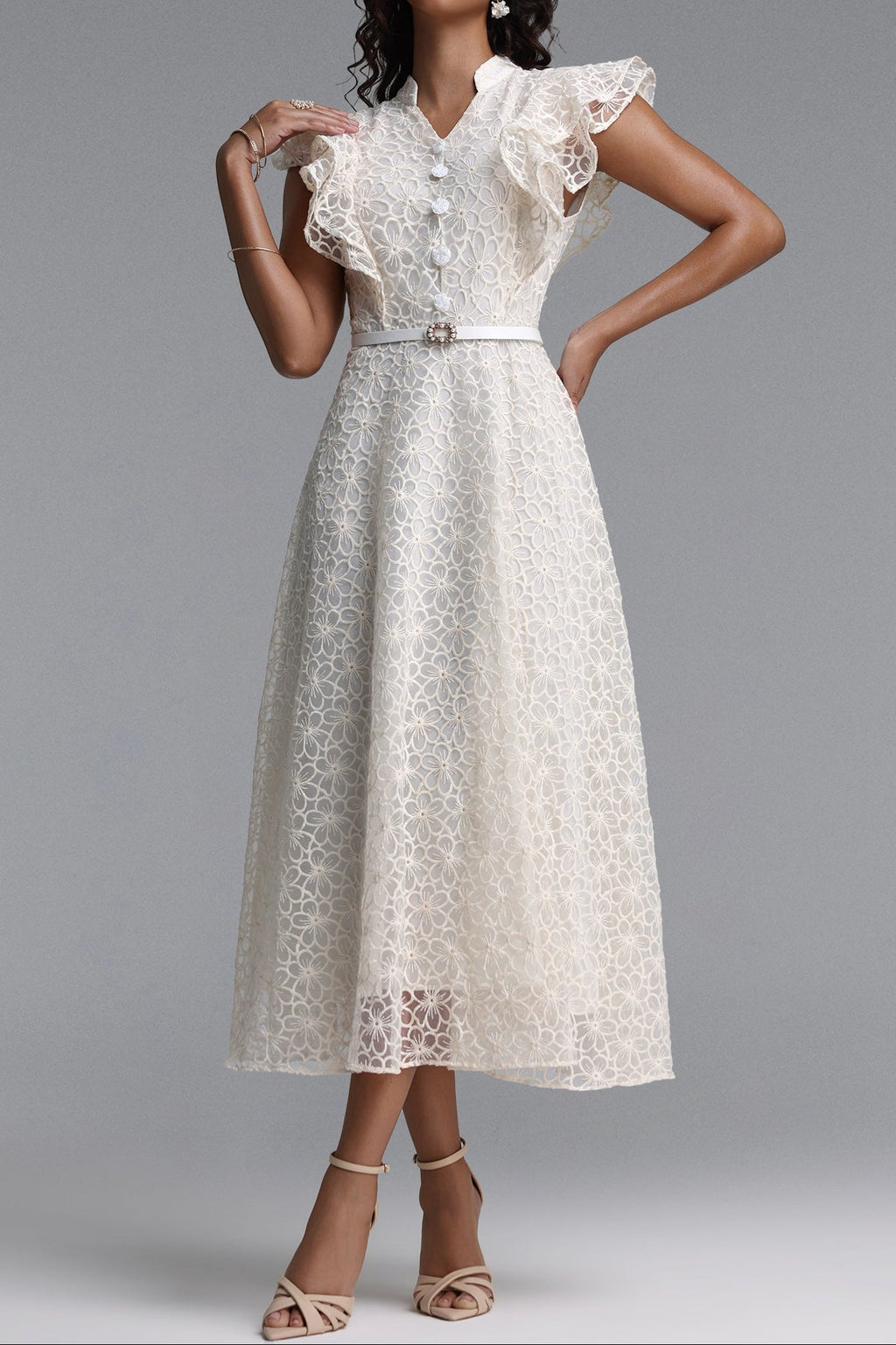Flowering Girl Women Mandarin Collar Ruffle Sleeve Floral Lace Midi Dress With Belt