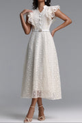 Flowering Girl Women Mandarin Collar Ruffle Sleeve Floral Lace Midi Dress With Belt